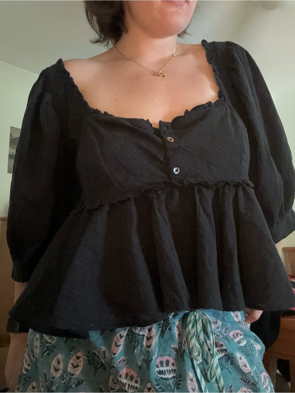 Free People Dark Gray Puff-Sleeve Babydoll Blouse